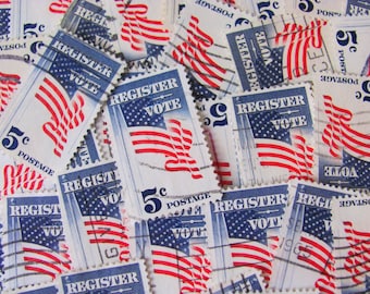 Register and Vote 30 Vintage Election US Postage Stamps Red White Blue American Flags Stars and Stripes 5c Democrat Republican Politics USA