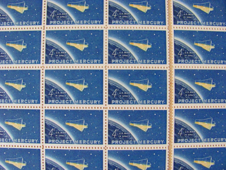 Space is the Place Full Sheet 50 Vintage UNused US Postage Stamps 1960s Project Mercury 4c Science Fiction Geek Love Save the Date Wedding image 4