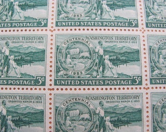 Washington Territory Full Sheet of 50 Vintage UNused US Postage Stamps 3-c Seattle WA Save the Date Wedding Postage Scrapbooking Philately