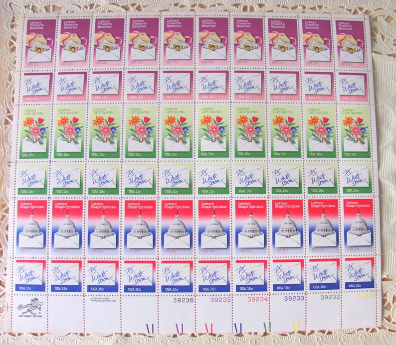 UNused Vintage US Postage Stamps Full Sheet of 60 15cent 1980s National Letter Writing Week Postage Stamps Valentine's Save the Date Wedding image 1