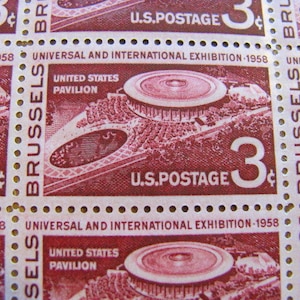 Brussels Universal and International Exhibition Full Sheet of 50 Vintage UNused US Postage Stamps 3-c Midcentury Modern Design Save the Date