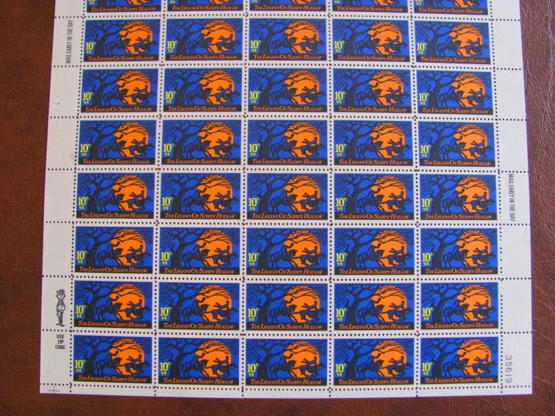 The Legend of Sleepy Hollow Full Sheet of 50 Vintage UNused US Postage Stamps 10c 1974 Headless Horseman Halloween Horror Spooky Goth Orange image 5