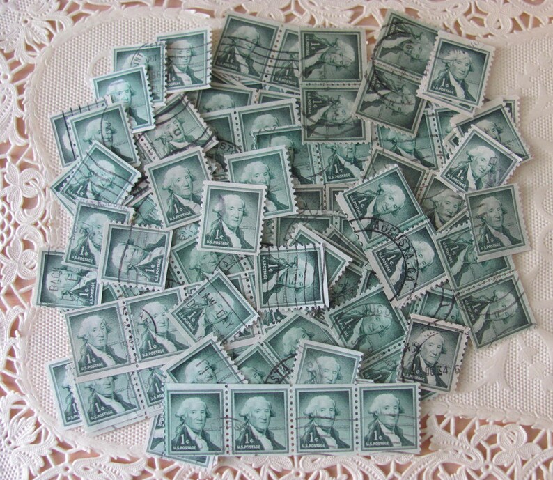 Father of our Country 50 Vintage 1cent President George Washington US Postage Stamps Dark Green Scott 1031 1950s Philately Scrapbooking image 3