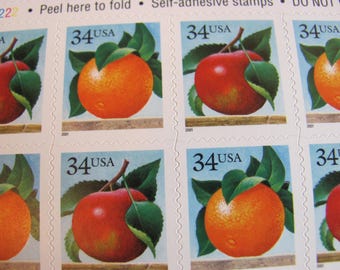 Apple and Orange 20 Self Adhesive Vintage UNused US Postage Stamps 32c Booklet Pane Save the Date Ephemera Save the Date Wedding Postage Red