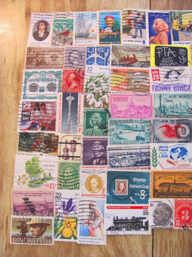 Antiques Roadshow 100 Vintage US Postage Stamps Americana Collage Old Fashioned Philately Civil Rights Revolutionary War Midwest Dustbowl image 4