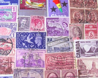 Shades of Purple 100 Vintage Postage Stamps Assorted Purples Plum Violet Magenta Lilac Lavender Fuschia Scrapbooking US Worldwide Philately