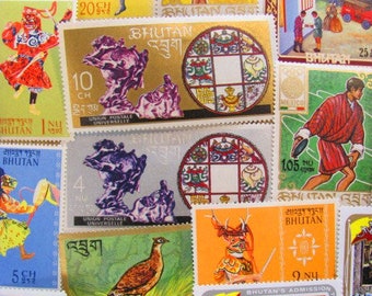 Thunder Dragon Kingdom 50 Vintage Postage Stamps Kingdom of Bhutan Dzongkha Thimphu Druk Tsendhen Buddhism Himalayas Asia Asian Philately