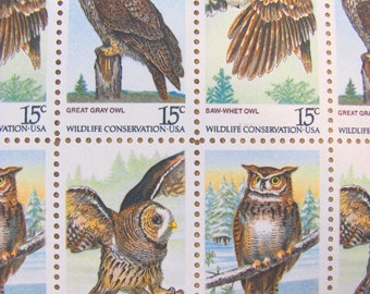 American Owls Full Sheet of 50 UNused US Postage Stamps 15c Barred Owl Great Horned Owl Great Gray Saw-Whet Save the Date Wedding Postage