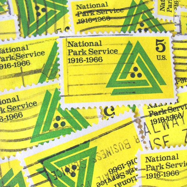 National Park Service 30 Vintage US Postage Stamps Conservation Environment 60s Design Mod Green Yellow Scrapbooking Ephemera Philately