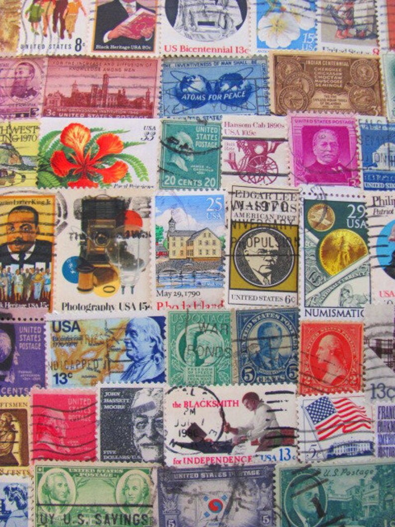 Antiques Roadshow 100 Vintage US Postage Stamps Americana Collage Old Fashioned Philately Civil Rights Revolutionary War Midwest Dustbowl image 2