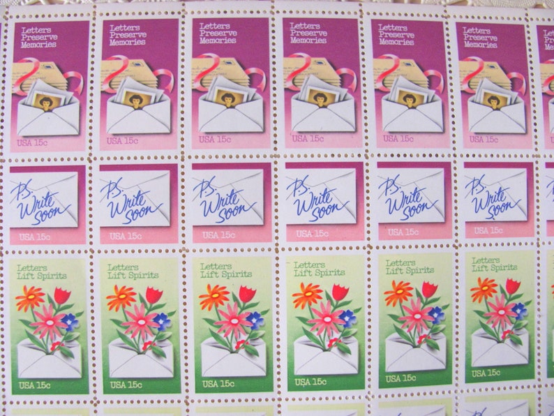 UNused Vintage US Postage Stamps Full Sheet of 60 15cent 1980s National Letter Writing Week Postage Stamps Valentine's Save the Date Wedding image 4