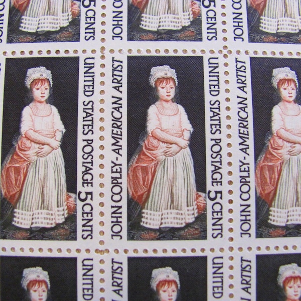 Doll Face Full Sheet of 50 Vintage UNused US Postage Stamps 5c John Singleton Copley Fine Art Colonial New England Frontier KY Philately