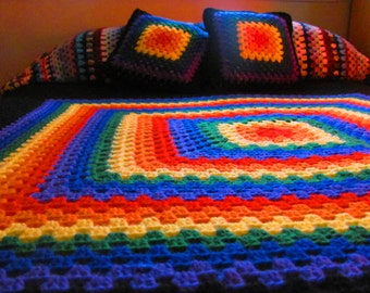 Proud Rainbow Crochet Afghan Giant Granny Square Full Size Bedding Bedspread Blanket Cover Handmade Home Decor Furnishings Cottage Chic