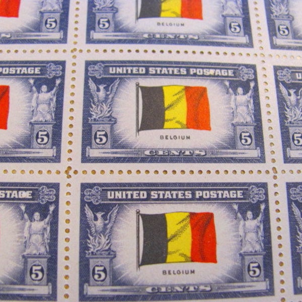 Belgium Full Sheet of 50 Vintage UNused US Postage Stamps 5-cents 1943 Kingdom of Belgium Brussels Europe Koninkrijk België WW2 Philately