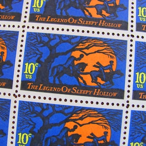 The Legend of Sleepy Hollow Full Sheet of 50 Vintage UNused US Postage Stamps 10c 1974 Headless Horseman Halloween Horror Spooky Goth Orange image 1