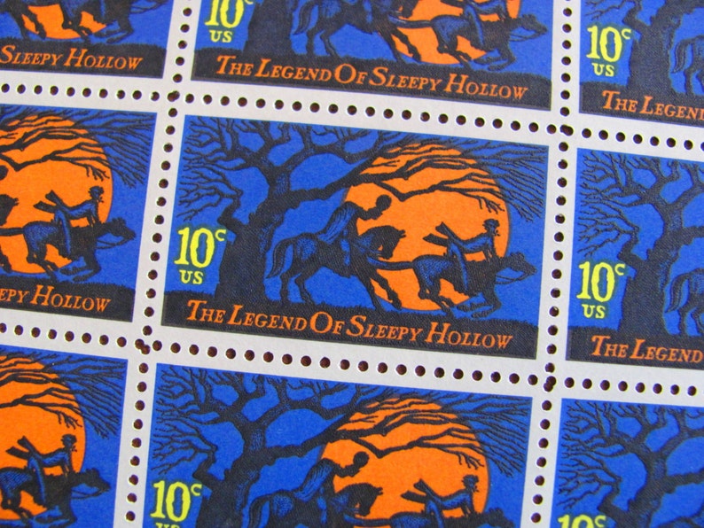 The Legend of Sleepy Hollow Full Sheet of 50 Vintage UNused US Postage Stamps 10c 1974 Headless Horseman Halloween Horror Spooky Goth Orange image 1