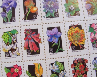 Wildflowers Full Sheet of 50 UNused Vintage US Postage Stamps 29c 1992 Floral Bouquet Lily Poppy Valentine's Save the Date Wedding Postage