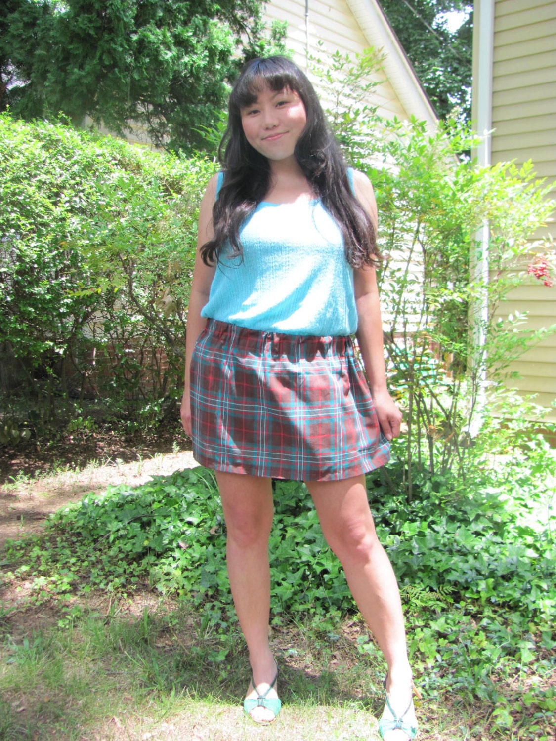 Rad Plaid Handmade Mini Skirt Mod Mahogany Ruby Teal Brown picture