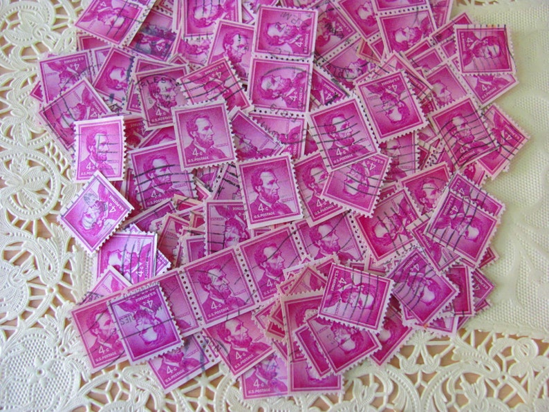 Bright Red Violet Plum 50 Vintage President Abraham Lincoln US Postage Stamps 1950s 4cent Republican Illinois History Emancipation Civil War image 5