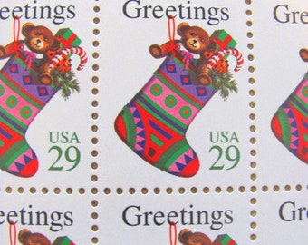 Christmas Stocking Full Sheet of 50 UNused Vintage Postage Stamps 29-cents Contemporary Candy Cane XMas Happy Holidays Save the Date Toys