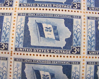 Blue Corn Huskers Full Sheet of 50 Vintage UNused US Postage Stamps 3c 1946 Iowa Statehood Centennial IA Blue Wedding Postage Save the Date