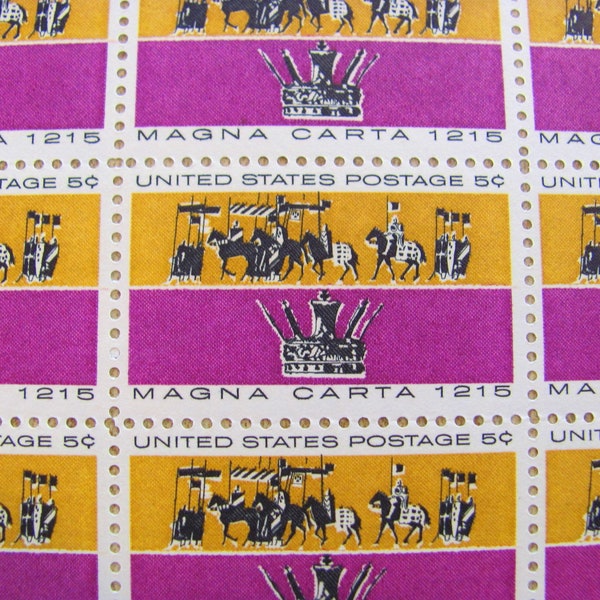 Magna Carta Full Sheet of 50 Vintage UNused US Postage Stamps Common Law 5c Purple Gold Save the Date Great Charter Freedom Independence