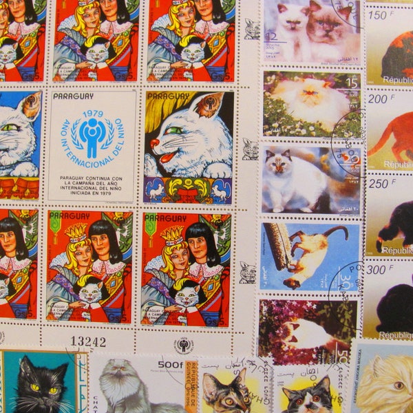 Meow Mix 50 Premium Vintage Modern Cats Postage Stamps Cat Lady Kitty Kitten Feline Animals Pets Tabby Calico Worldwide Topical Philately