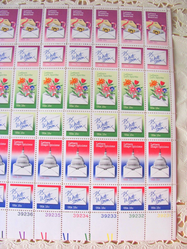 UNused Vintage US Postage Stamps Full Sheet of 60 15cent 1980s National Letter Writing Week Postage Stamps Valentine's Save the Date Wedding image 3