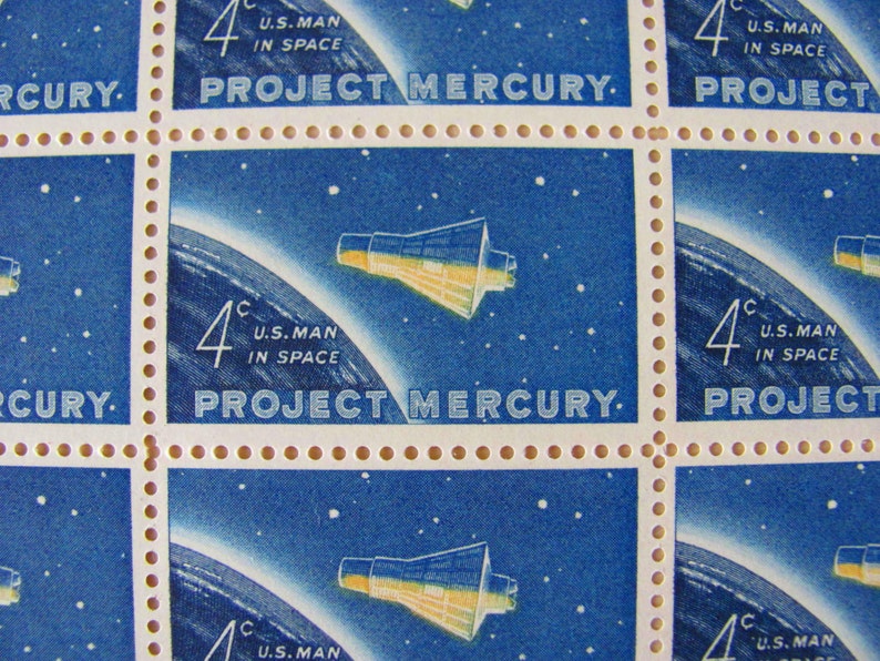 Space is the Place Full Sheet 50 Vintage UNused US Postage Stamps 1960s Project Mercury 4c Science Fiction Geek Love Save the Date Wedding image 5