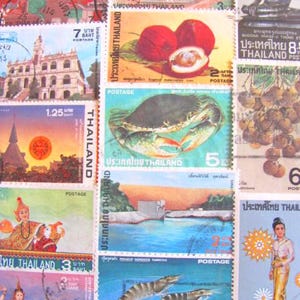 May include: A selection of vibrant Thai postage stamps, showcasing illustrations of fruit, a crab, a seated Buddha, and traditional Thai figures. The stamps vary in size and denomination.