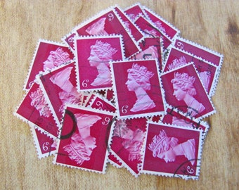 Plum Mum 50 Vintage Great Britain Postage Stamps Queen Elizabeth II Bright Reddish Purple England GB Scrapbooking 1968 6D Machin Philately