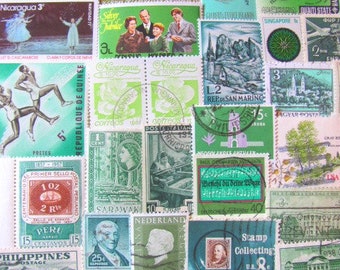 Shades of Green 100 Vintage Postage Stamps March Madness Lime Emerald Moss Pine Olive Scrapbooking Supplies Ephemera US Worldwide Philately