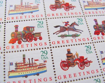 Traditional Toys Full Sheet 50 Vintage UNused US Christmas Postage Stamps 29c Seasons Greetings Fire Engine Jockey Locomotive Steamboat XMas