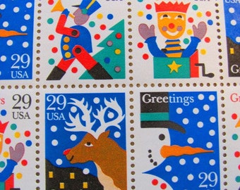 Season's Greetings Full Sheet of 50 UNused Vintage US Postage Stamps 29-cents Christmas Reindeer Snowman Jack in the Box Xmas Toys Philately