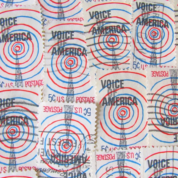 Voice of America 30 Vintage US Postage Stamps Radio Information Agency 60s Design Mod Red White Blue Spiral Scrapbooking Ephemera Philately