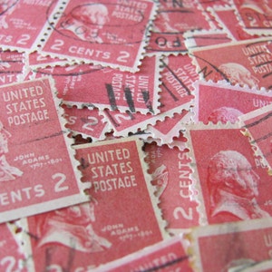 Number Two 50 Vintage US Postage Stamps 1938 2cent President John Quincy Adams Rose Pink Carmine Prexies Scrapbooking Embellishment Prexy image 1