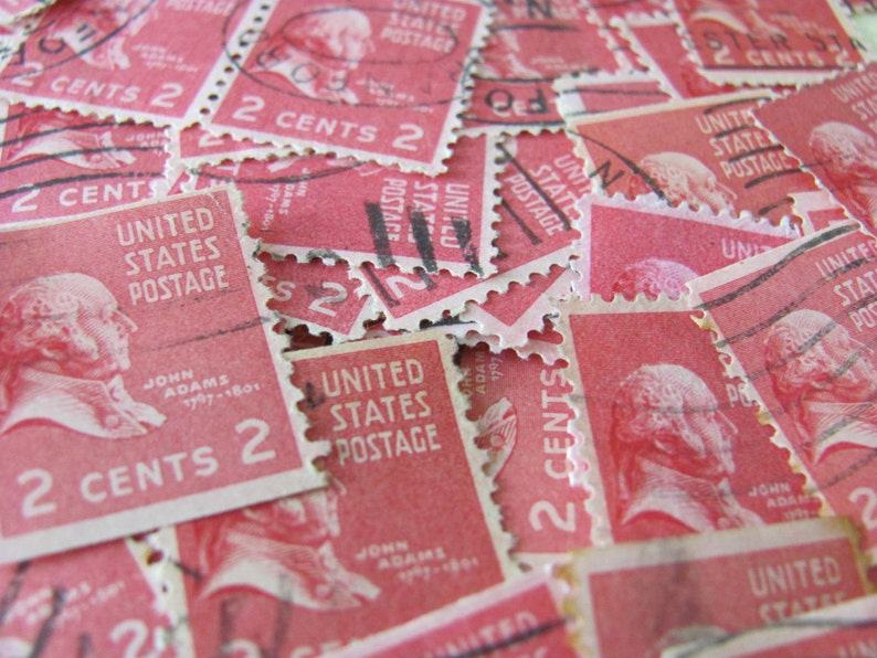 Number Two 50 Vintage US Postage Stamps 1938 2cent President John Quincy Adams Rose Pink Carmine Prexies Scrapbooking Embellishment Prexy image 1