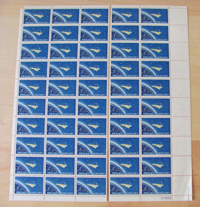 Space is the Place Full Sheet 50 Vintage UNused US Postage Stamps 1960s Project Mercury 4c Science Fiction Geek Love Save the Date Wedding image 2