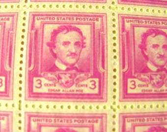 Edgar Allan Poe Full Sheet of 70 Vintage UNused US Postage Stamps 3-c Horror Magenta Wedding Postage Halloween Scrapbooking Goth Steampunk