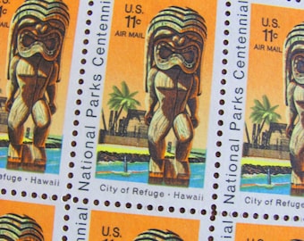 Tiki Mail 50 UNused Vintage US Postage Stamps 11cent 1972 Air Mail Kii Statue Honaunau Hawaii Save the Date Wedding Postage Philately Plane