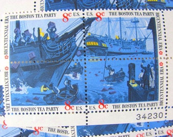 Boston Tea Party Collection of 50 Vintage UNused US Postage Stamps 8c 1975 American Bicentennial Patriots Colonial Save the Date Republican