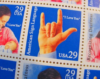 I Love You Full Sheet of 20 UNused Vintage US Postage Stamps 29c American Sign Language Recognize Deafness Save the Date Wedding Postage