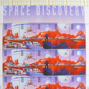 Feuille de découverte de l'espace de 20 timbres-poste américains vintage inutilisés, 32 cents science-fiction science-fiction Mars lune planète réservez la date frais de port mariage