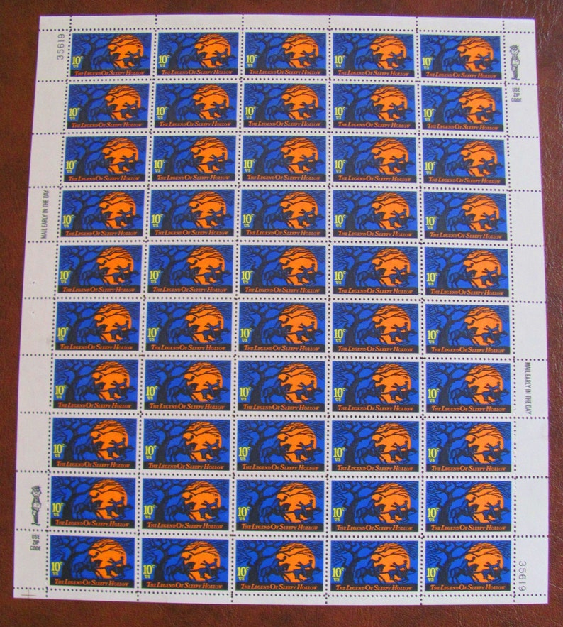 The Legend of Sleepy Hollow Full Sheet of 50 Vintage UNused US Postage Stamps 10c 1974 Headless Horseman Halloween Horror Spooky Goth Orange image 2