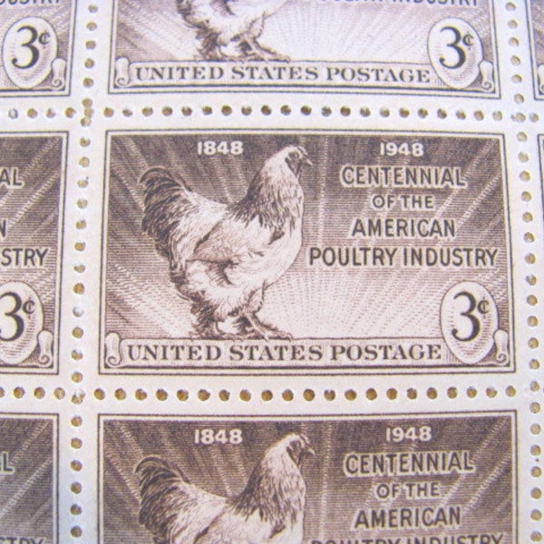 Funky Chicken Full Sheet 50 Vintage UNused US Postage Stamps 3-c 1948 American Poultry Industry Wedding Postage Save the Date Scrapbooking