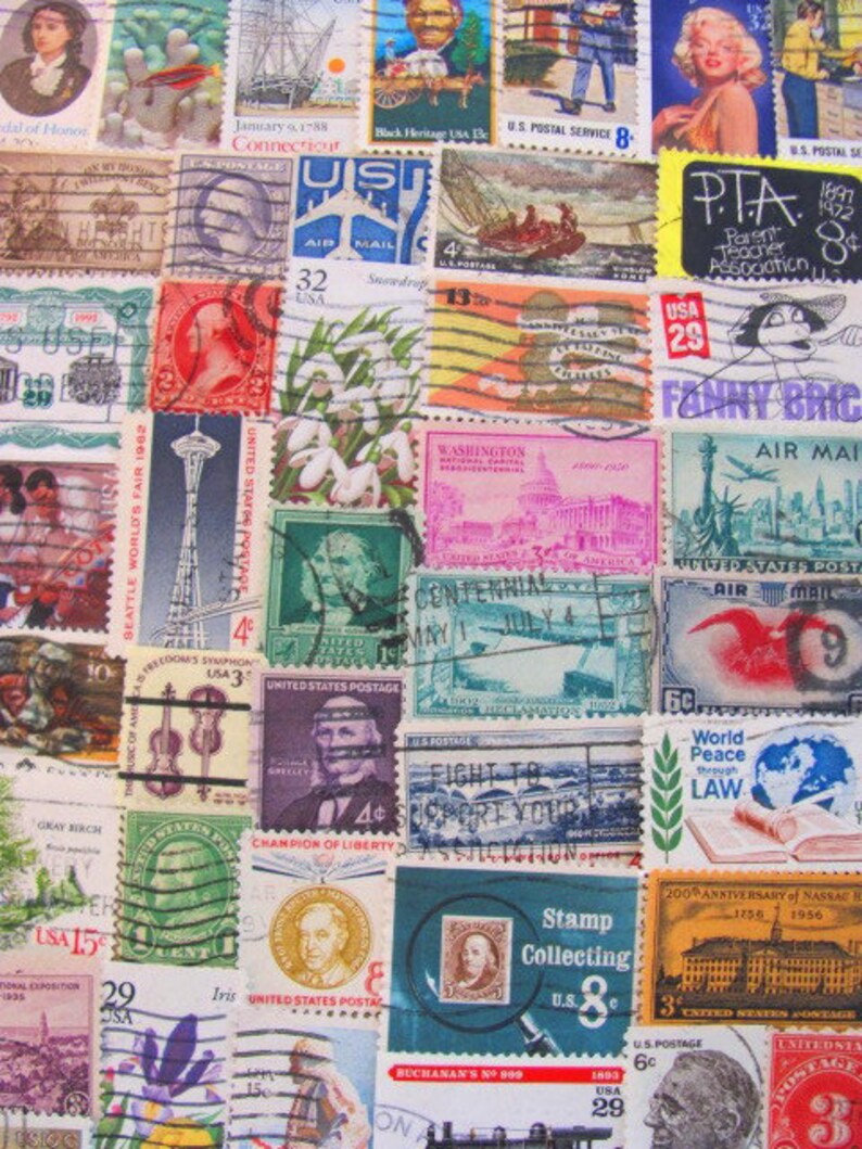 Antiques Roadshow 100 Vintage US Postage Stamps Americana Collage Old Fashioned Philately Civil Rights Revolutionary War Midwest Dustbowl image 1