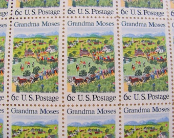 Grandma Moses Full Sheet of 50 UNused Vintage US Postage Stamps American Folklore Ann Mary Robertson Prairie Farm Scrapbooking Philately