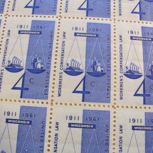Workmen's Compensation Law Full Sheet of 50 UNused Vintage US Postage Stamps 4-c Workers Comp Scales Labor Save the Date Wedding Postage