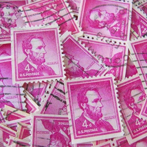 Bright Red Violet Plum 50 Vintage President Abraham Lincoln US Postage Stamps 1950s 4cent Republican Illinois History Emancipation Civil War image 1