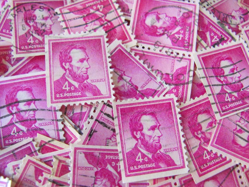 Bright Red Violet Plum 50 Vintage President Abraham Lincoln US Postage Stamps 1950s 4cent Republican Illinois History Emancipation Civil War image 1